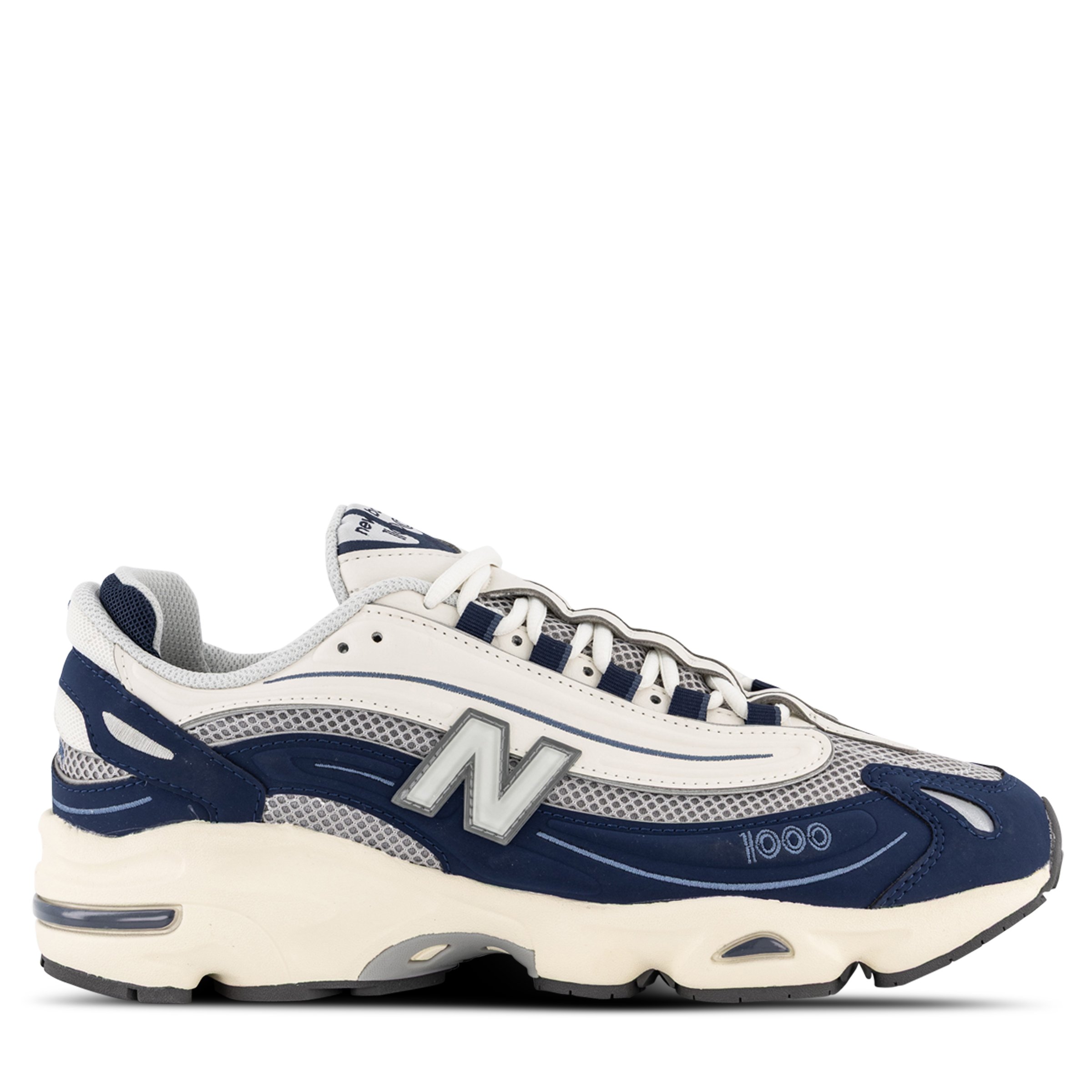 Single New Balance 1000 Sneaker in Navy & White Pointing right outside view
