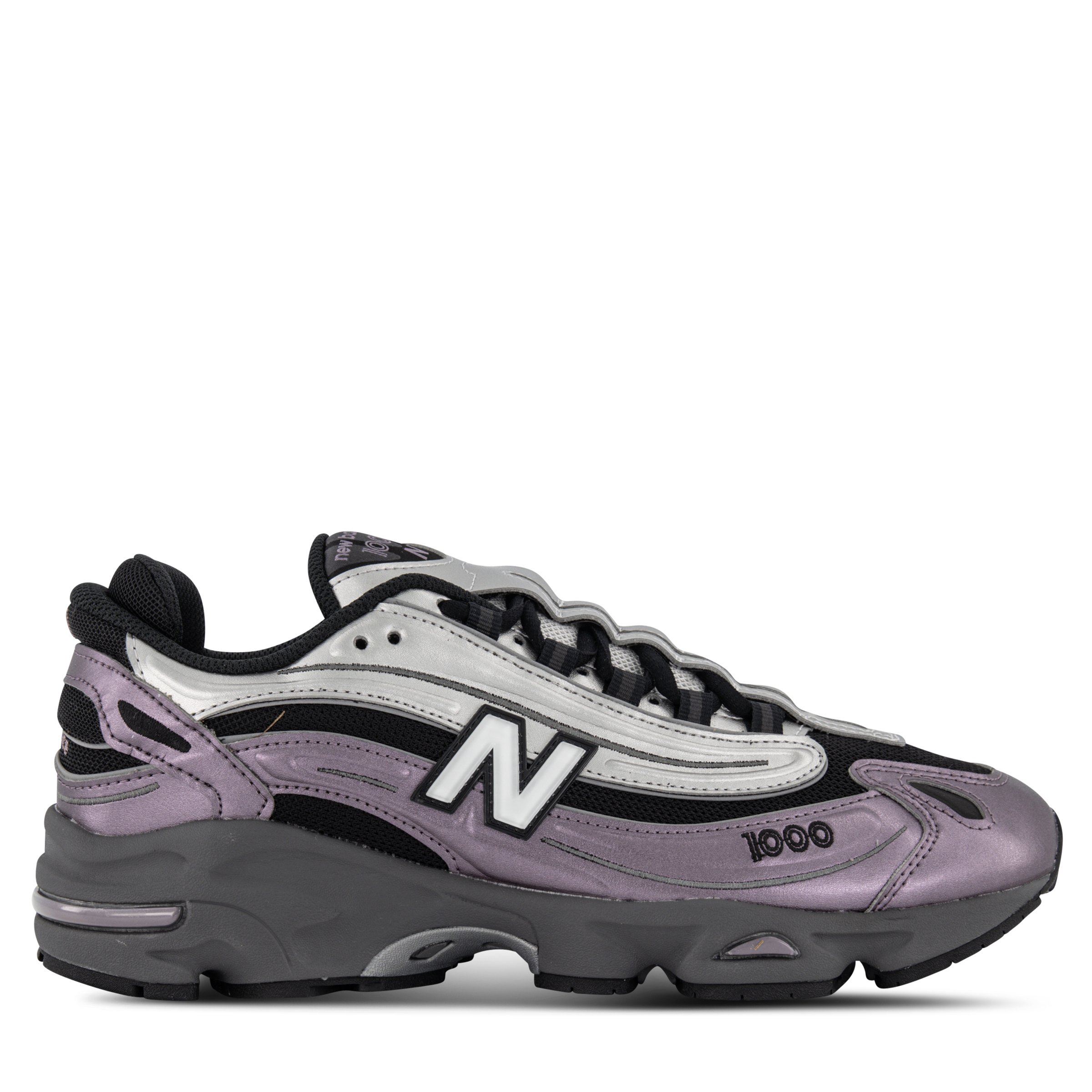 Single New Balance 1000 Sneaker in Metallic Purple & Silver Pointing right outside view
