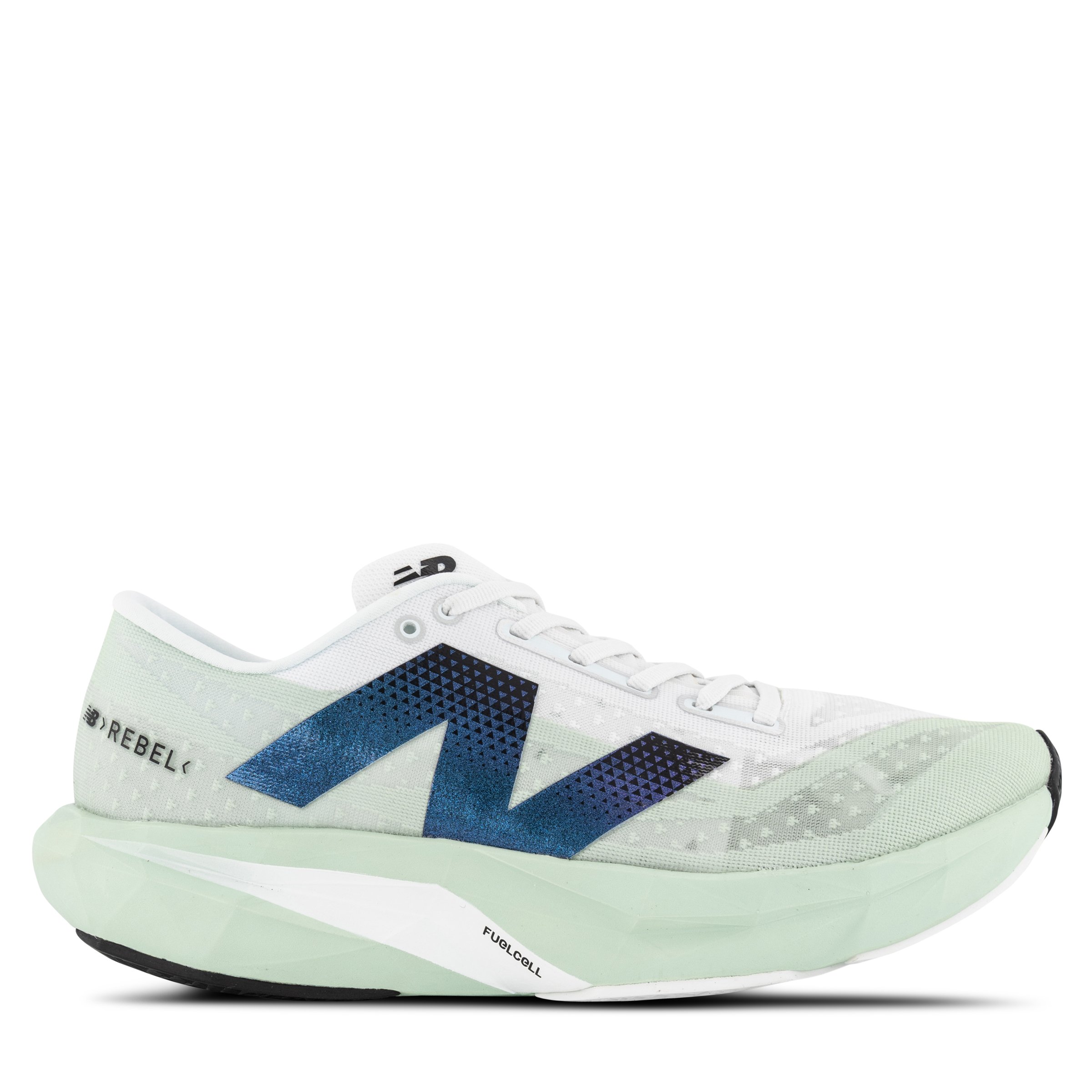 Single New Balance FuelCell Rebel 4 Sneaker in White with Blue detailing Pointing right outside view