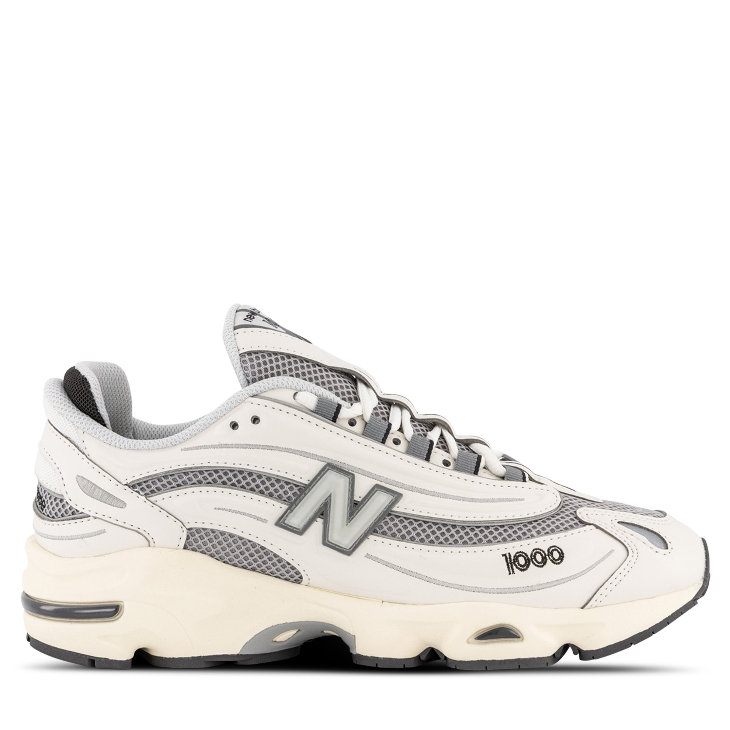 Single New Balance 1000 Sneaker in Metallic Purple & Silver Pointing right outside view