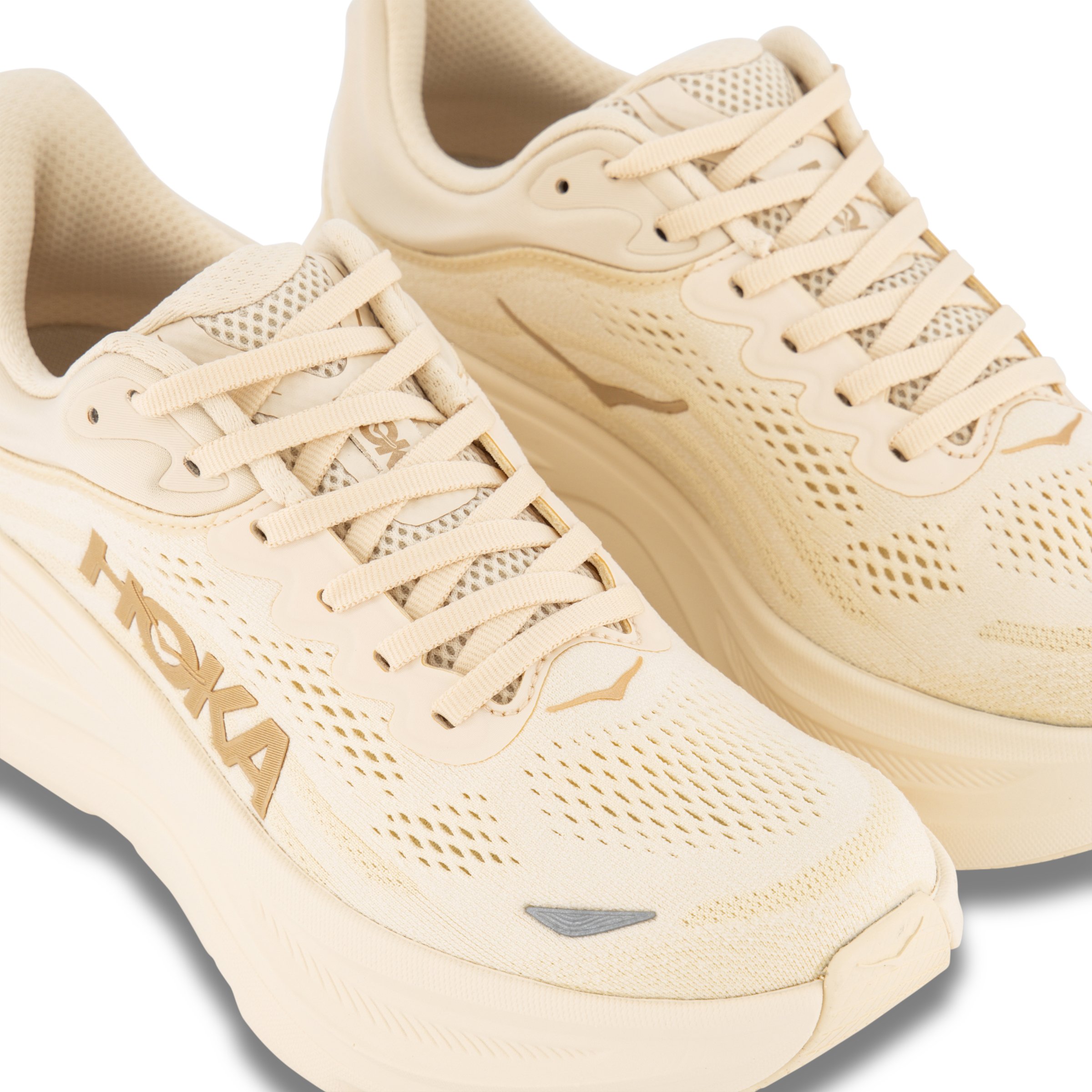 Close up angle of HOKA Bondi 9 Womens sneakers in Cream
