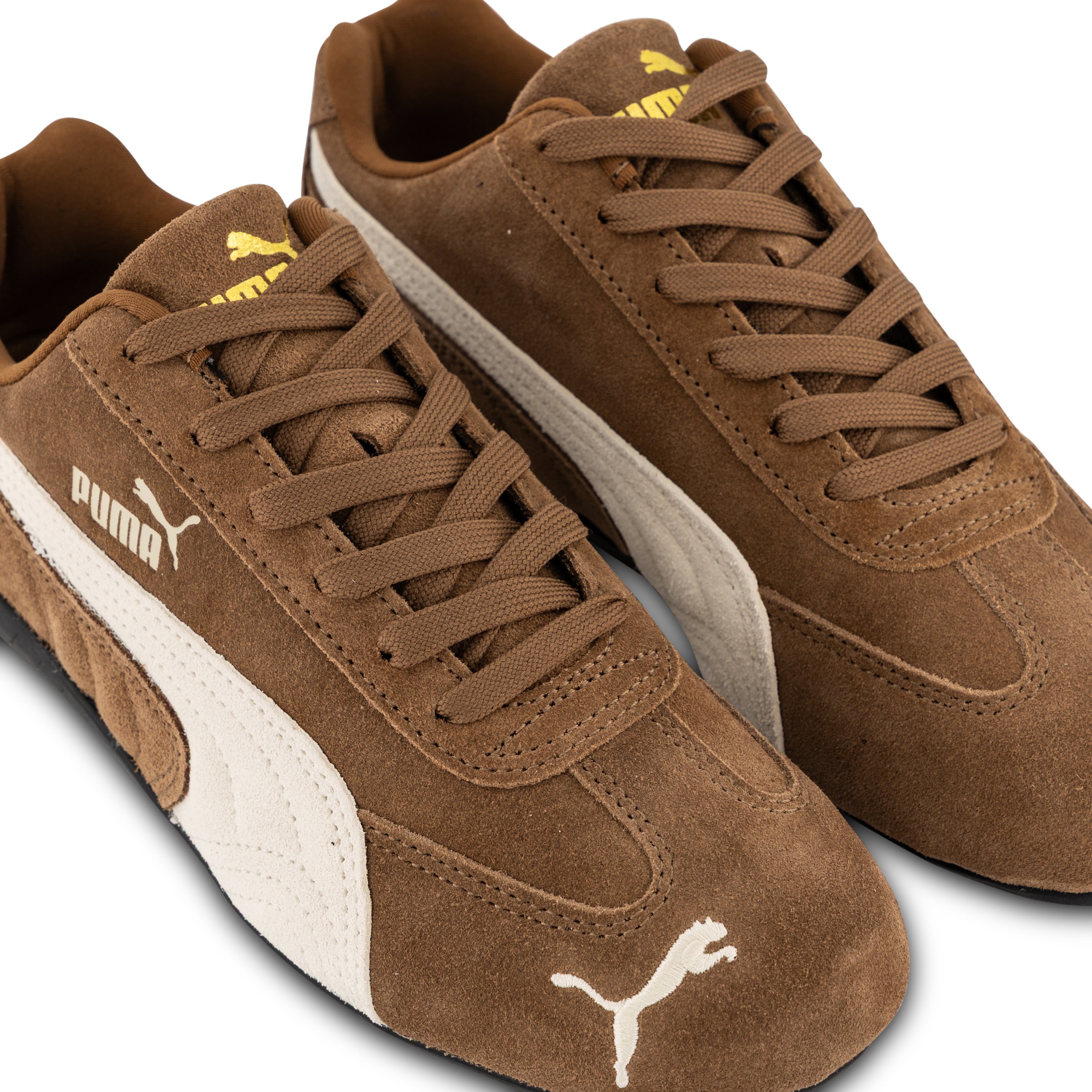 Close up of Puma Speedcat sneakers in Coffee & Ivory angled right
