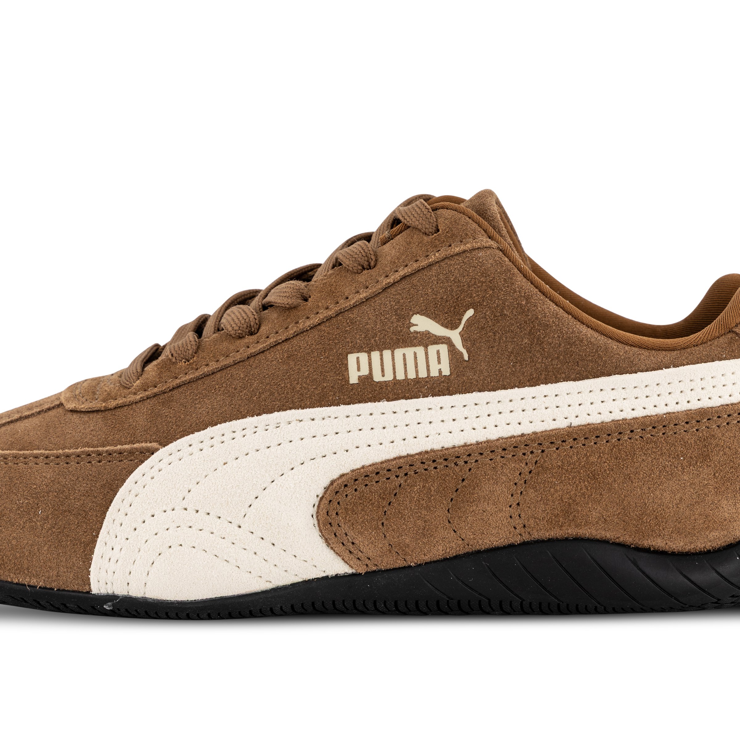Close up of Single Puma Speedcat Sneaker in Coffee & Ivory Pointing left outside view