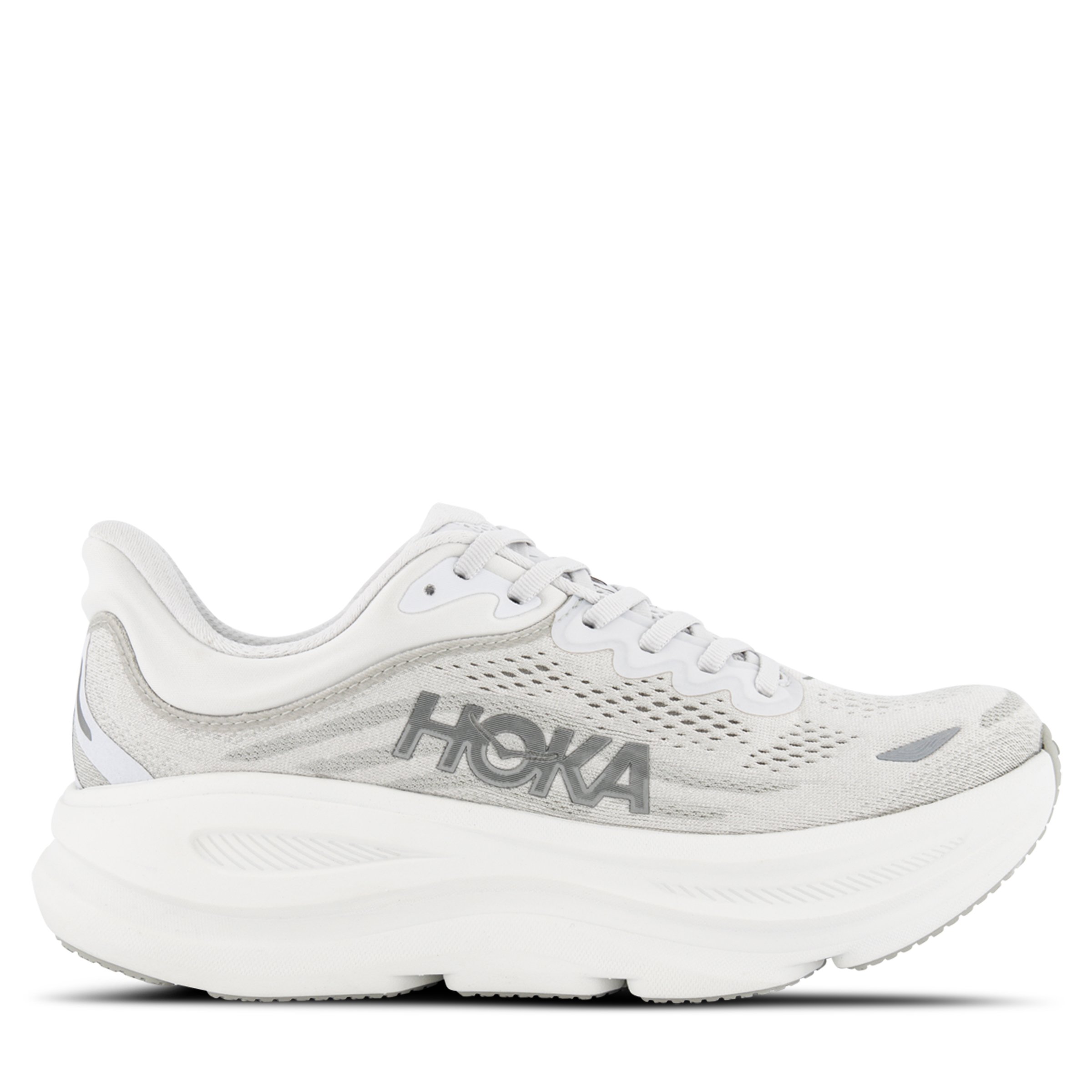 HOKA Bondi 9 Womens sneakers in White and Grey - single shoe, pointing right - laces shown