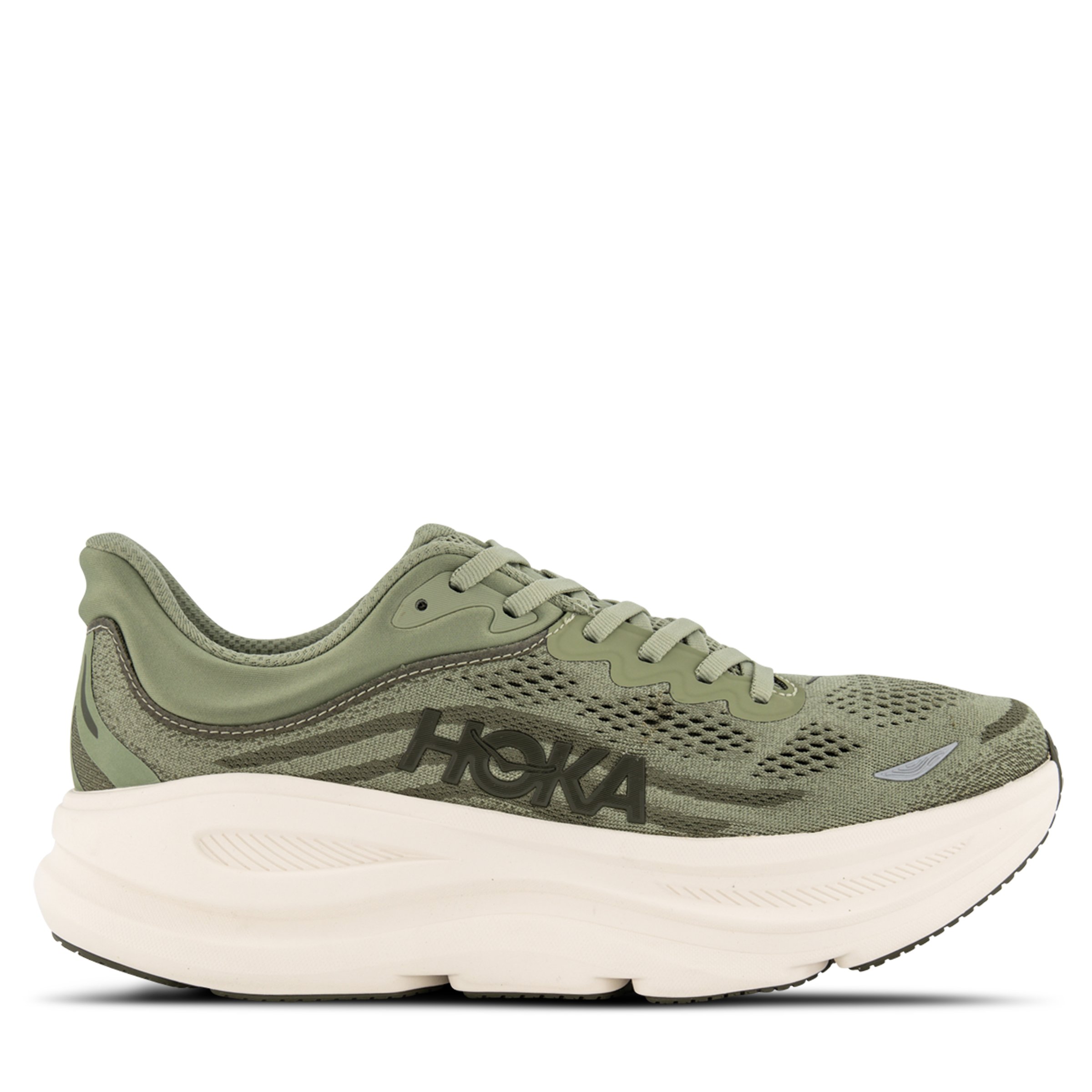 HOKA Bondi 9 sneakers in Green and Cream - single shoe, pointing right - laces shown