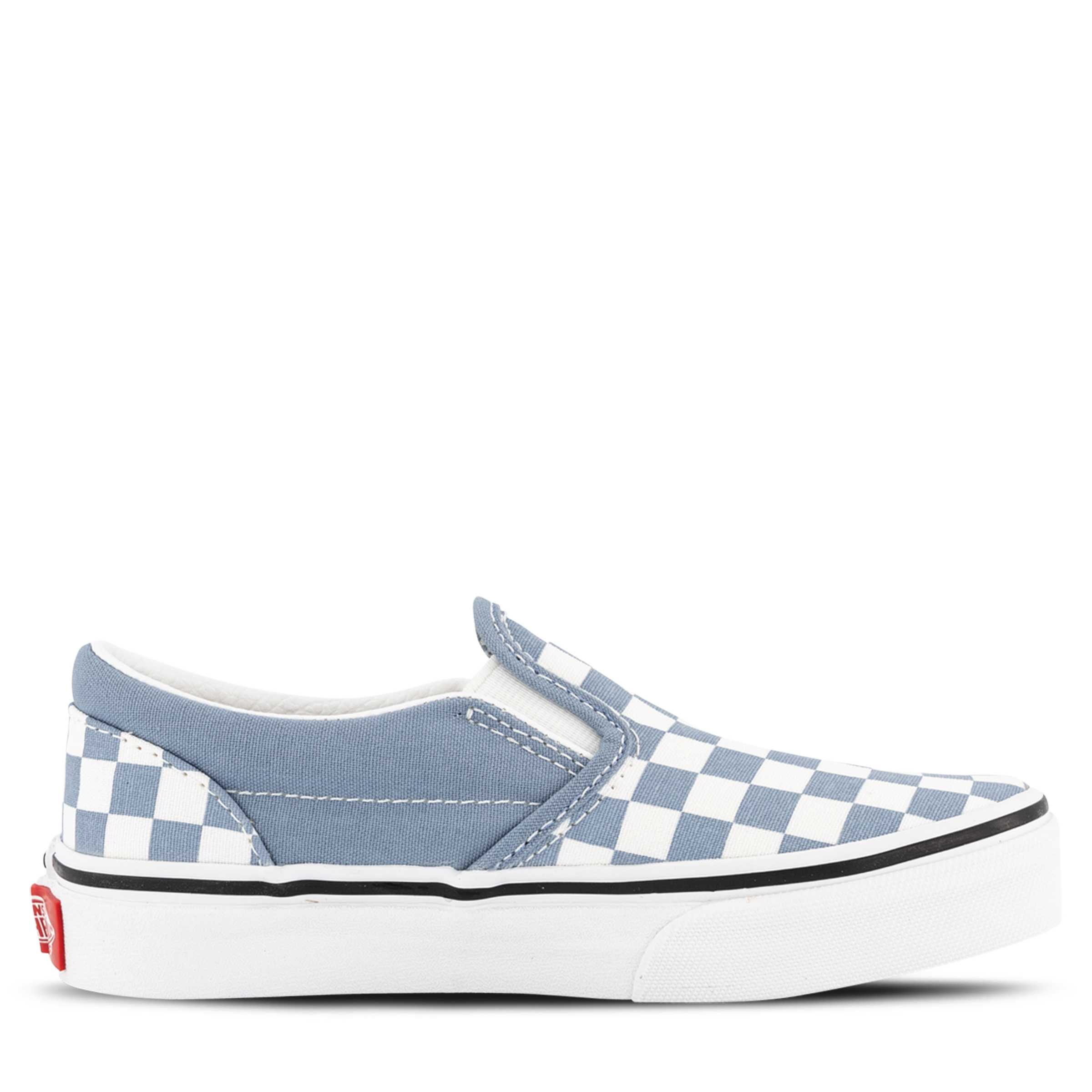 Baby blue slip on vans with checkered on sale stripe